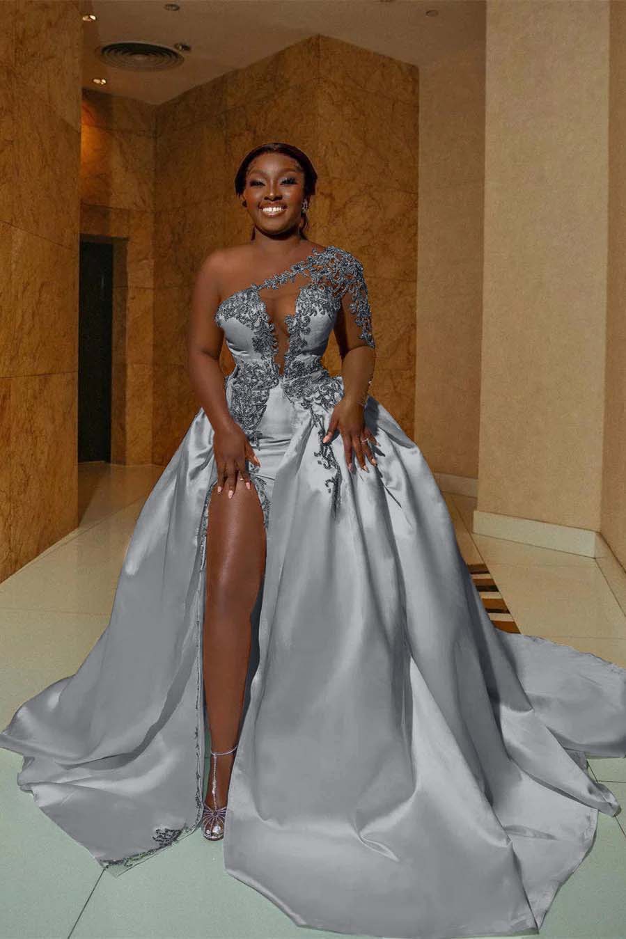 One Shoulder Long Prom Dress with Split Appliques