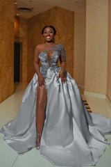One Shoulder Long Prom Dress with Split Appliques