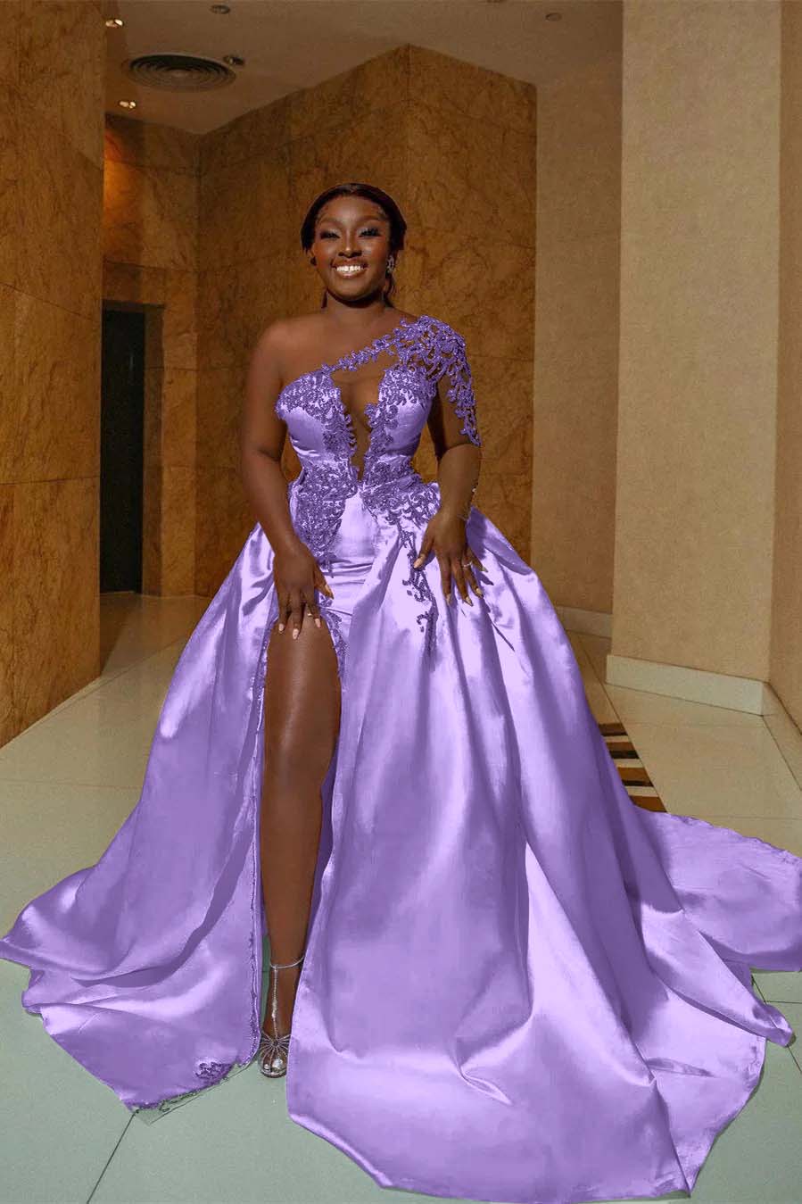 One Shoulder Long Prom Dress with Split Appliques