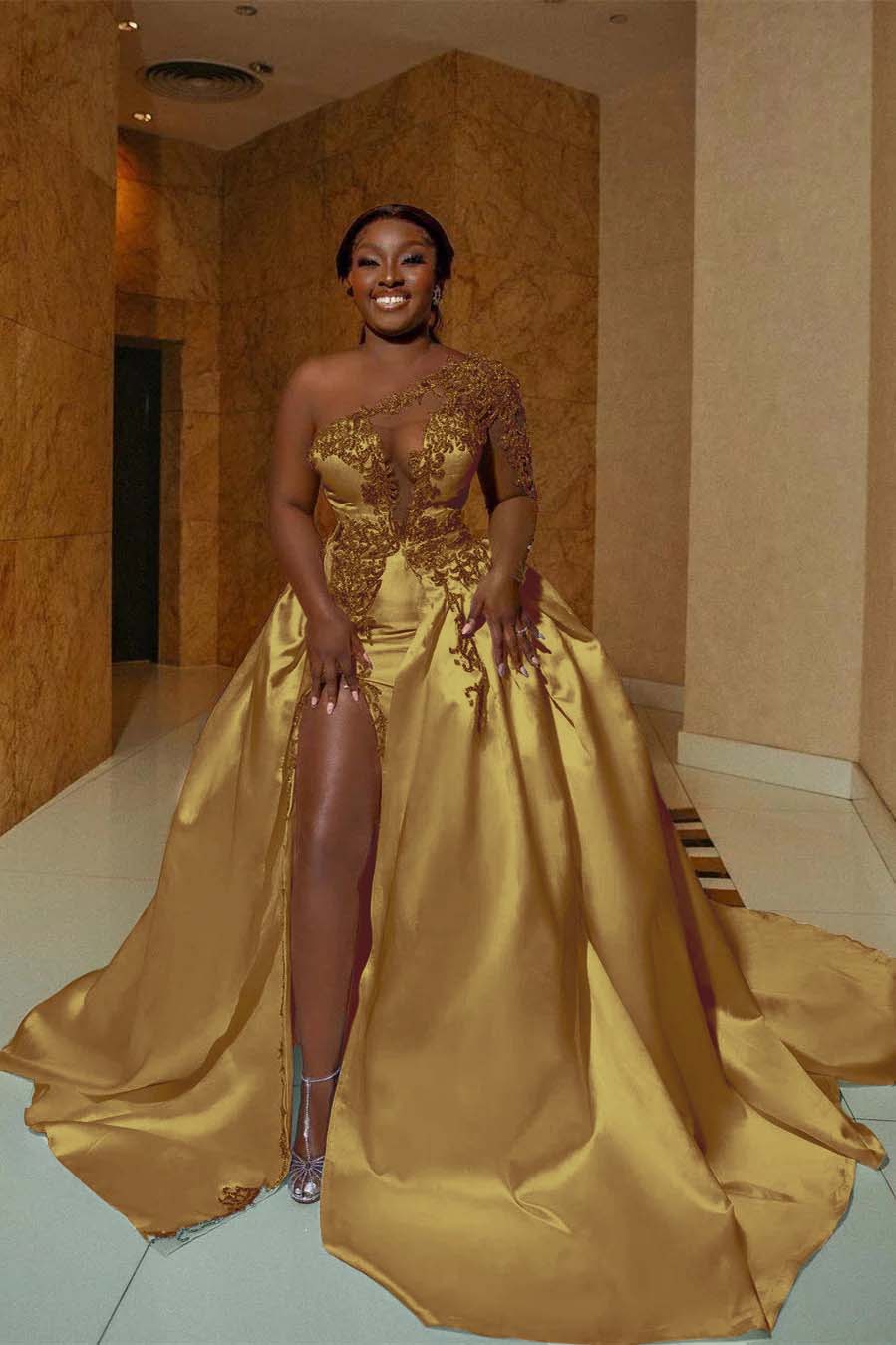 One Shoulder Long Prom Dress with Split Appliques