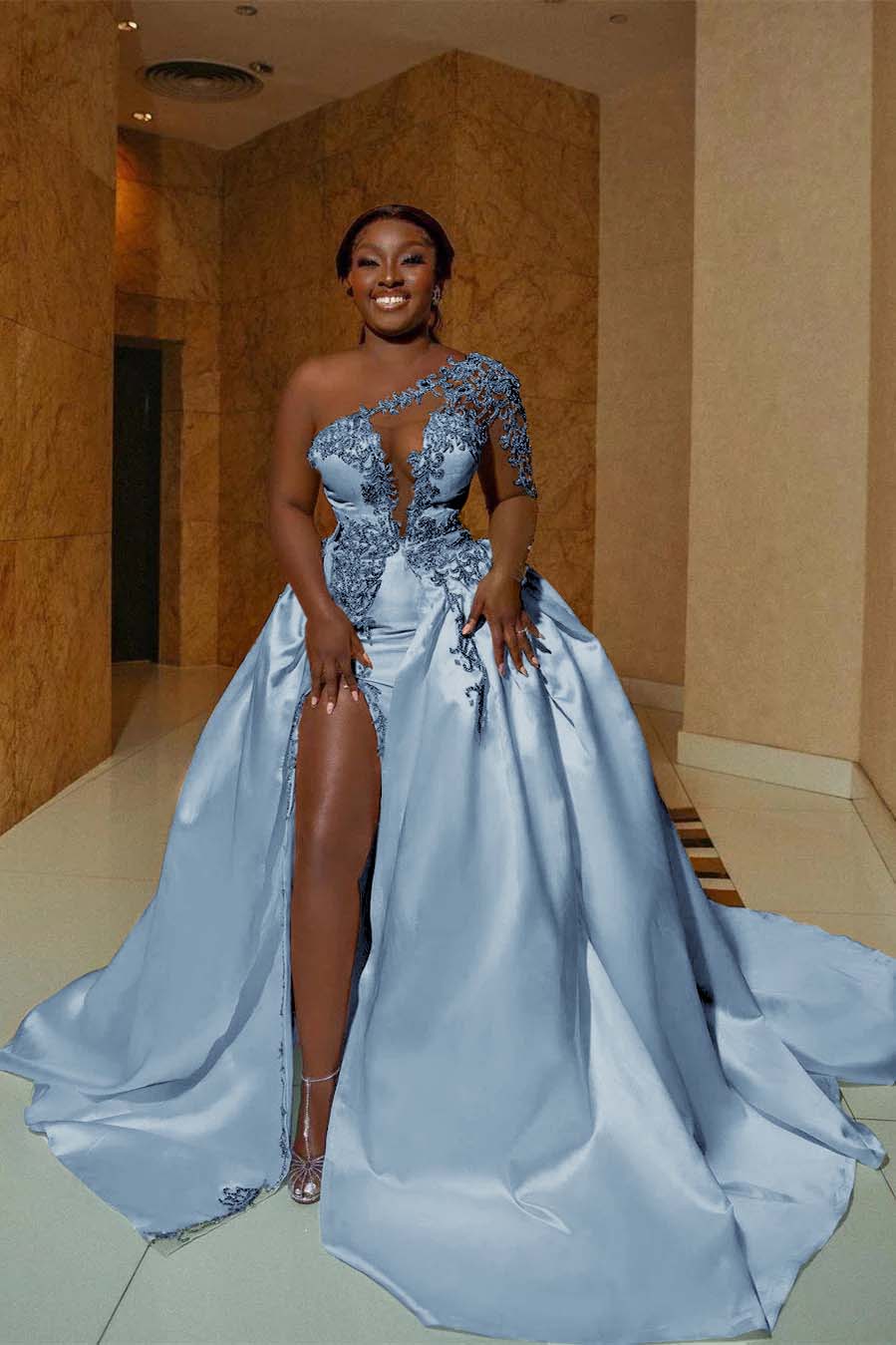 One Shoulder Long Prom Dress with Split Appliques
