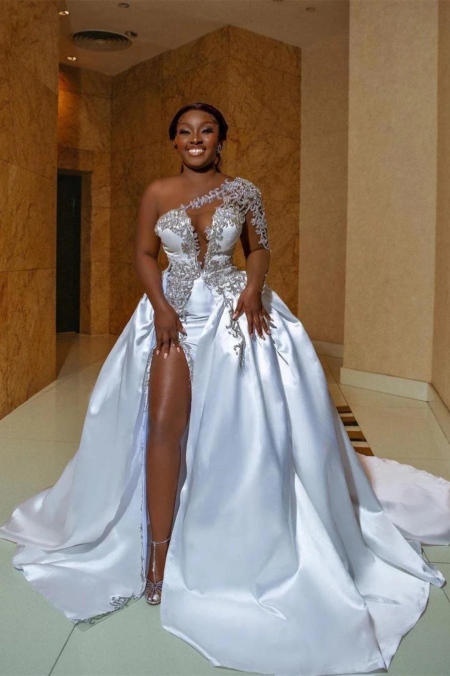 One Shoulder Long Prom Dress with Split Appliques