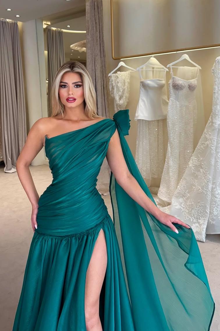 One Shoulder Long Pleated Prom Dress with Split