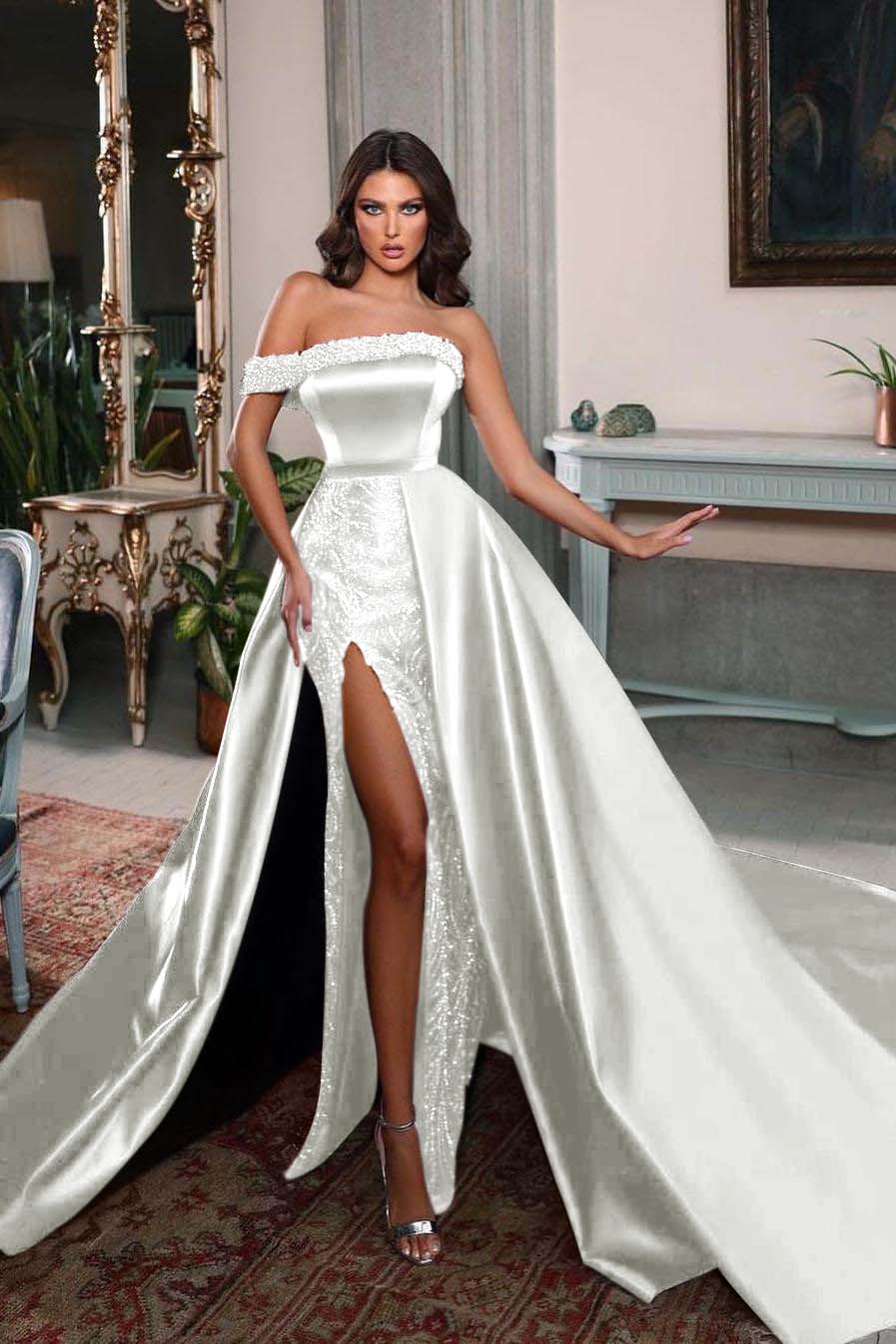 One Shoulder Long Split Prom Dress with Pleated Beading