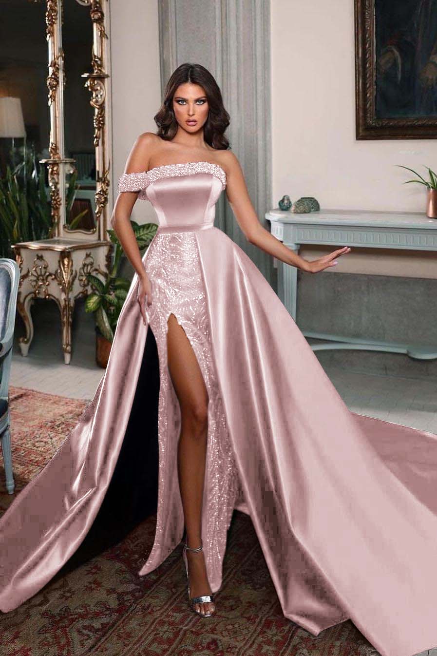 One Shoulder Long Split Prom Dress with Pleated Beading
