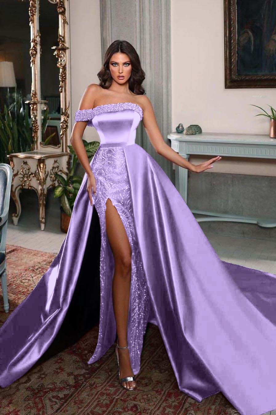 One Shoulder Long Split Prom Dress with Pleated Beading