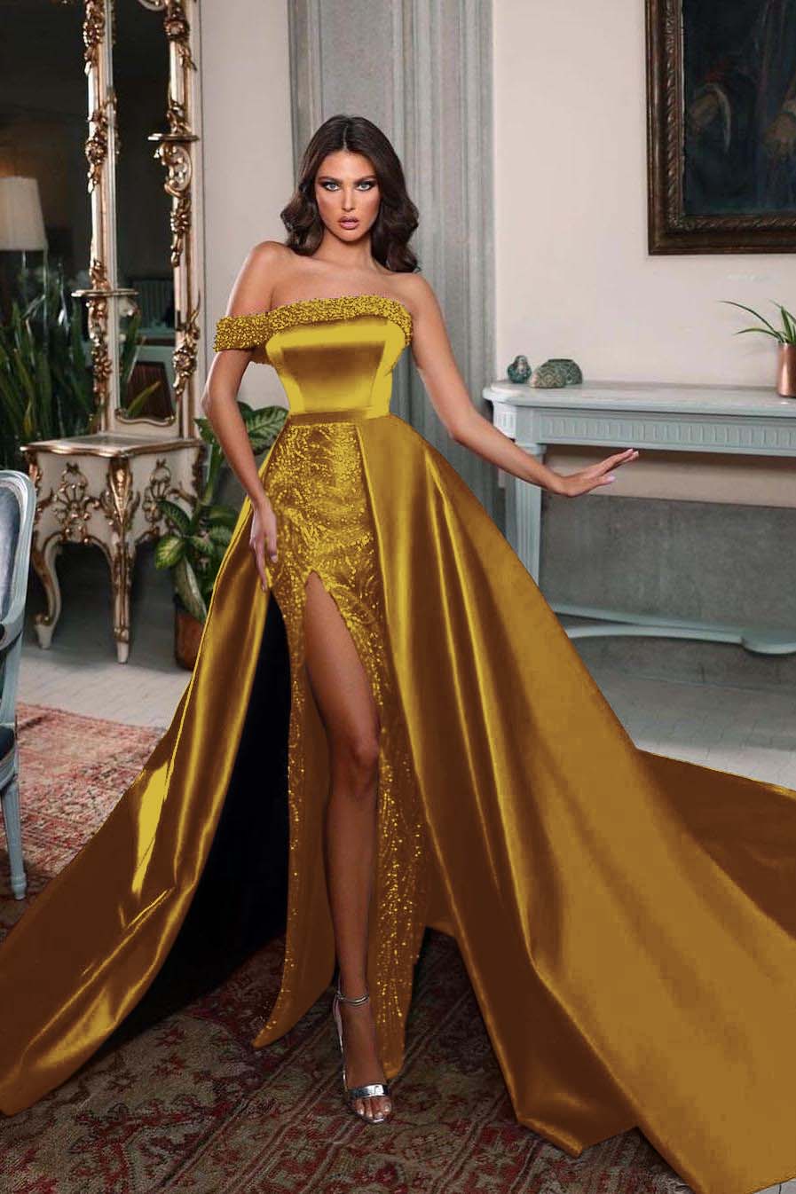 One Shoulder Long Split Prom Dress with Pleated Beading