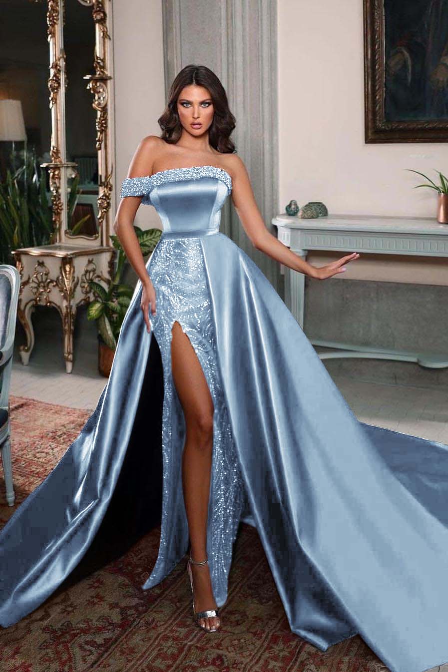 One Shoulder Long Split Prom Dress with Pleated Beading