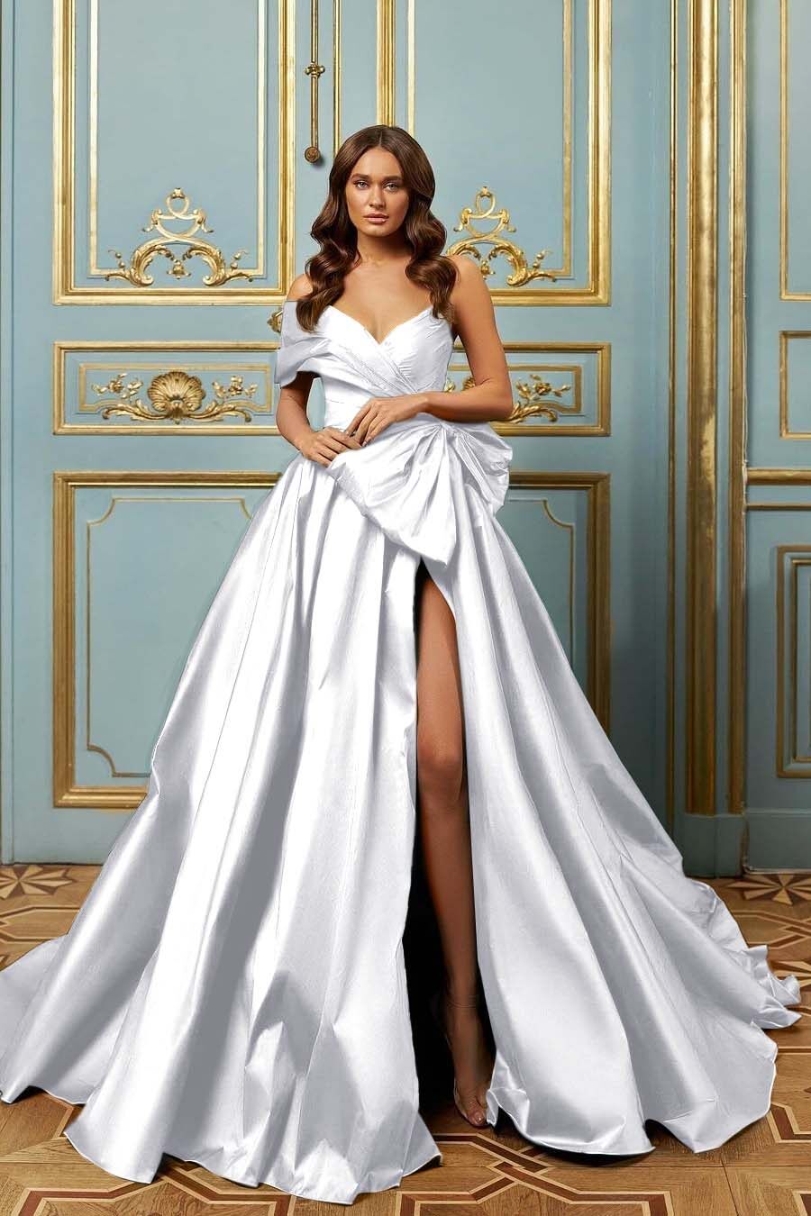 One Shoulder Long Pleated Prom Dress with Split and Bowknot