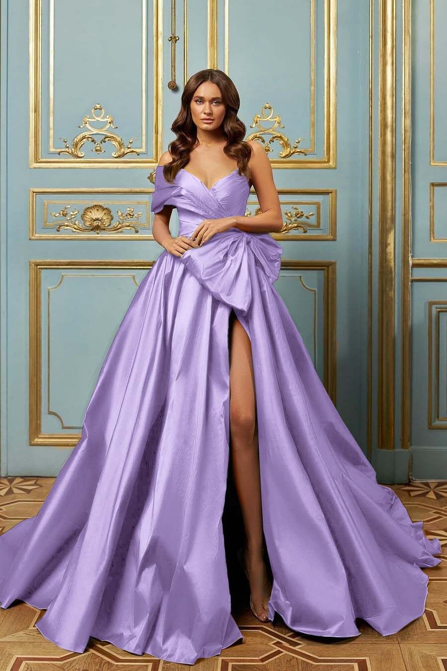 One Shoulder Long Pleated Prom Dress with Split and Bowknot