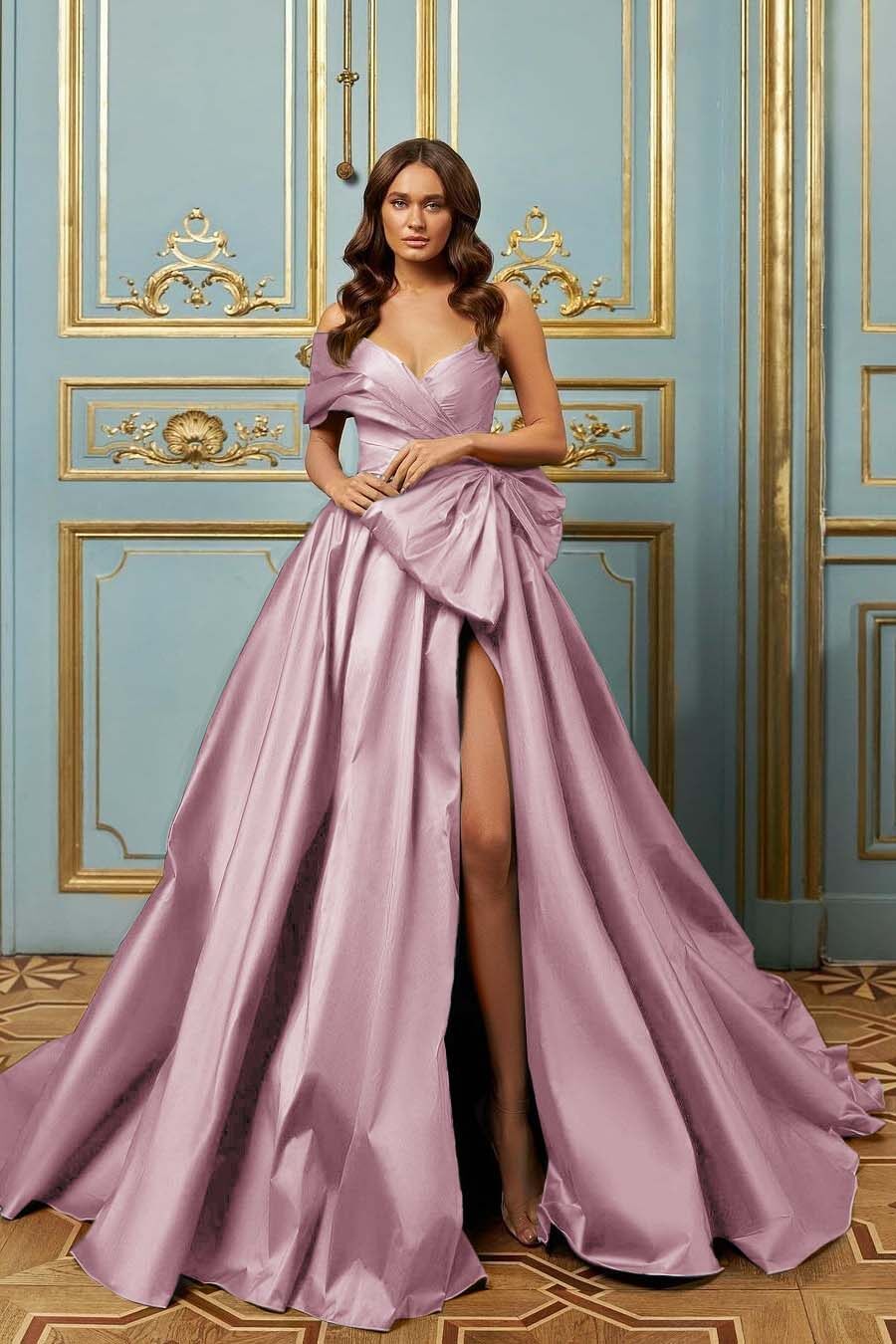 One Shoulder Long Pleated Prom Dress with Split and Bowknot