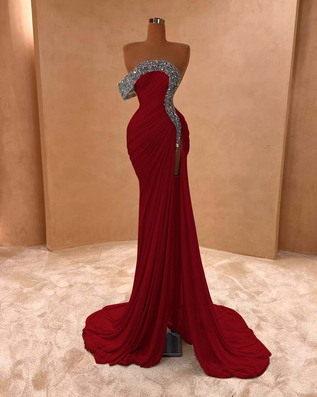 One Shoulder Long Split Prom Dress with Pleated Sequins