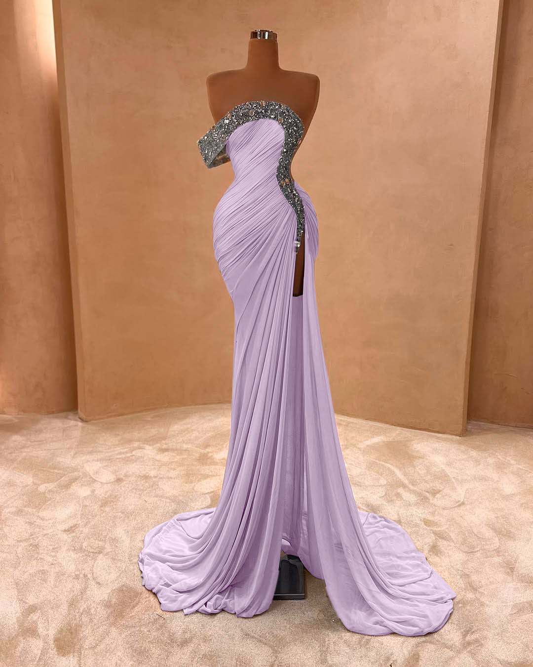 One Shoulder Long Split Prom Dress with Pleated Sequins
