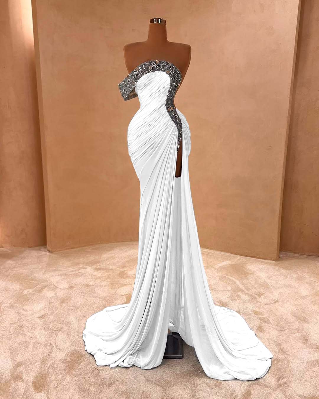One Shoulder Long Split Prom Dress with Pleated Sequins