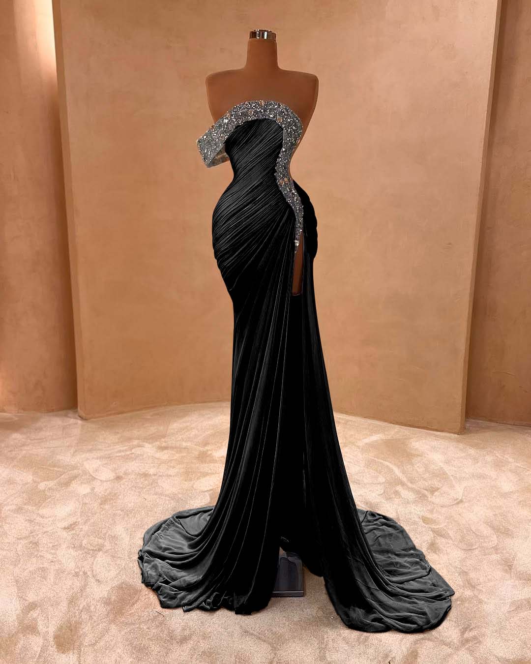 One Shoulder Long Split Prom Dress with Pleated Sequins