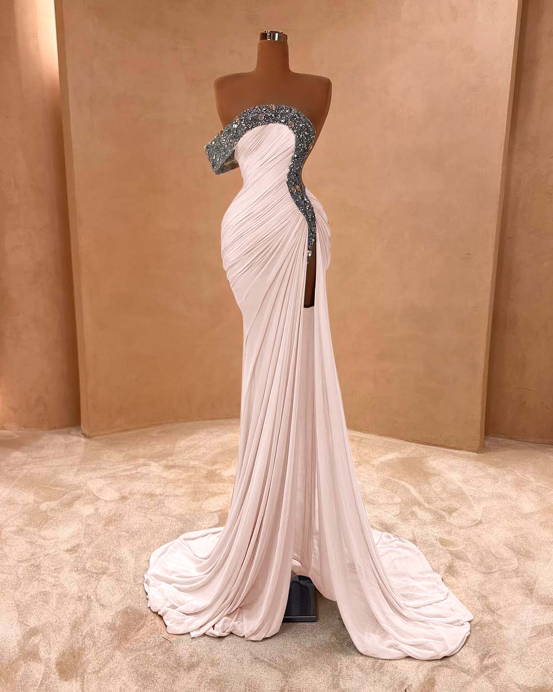 One Shoulder Long Split Prom Dress with Pleated Sequins