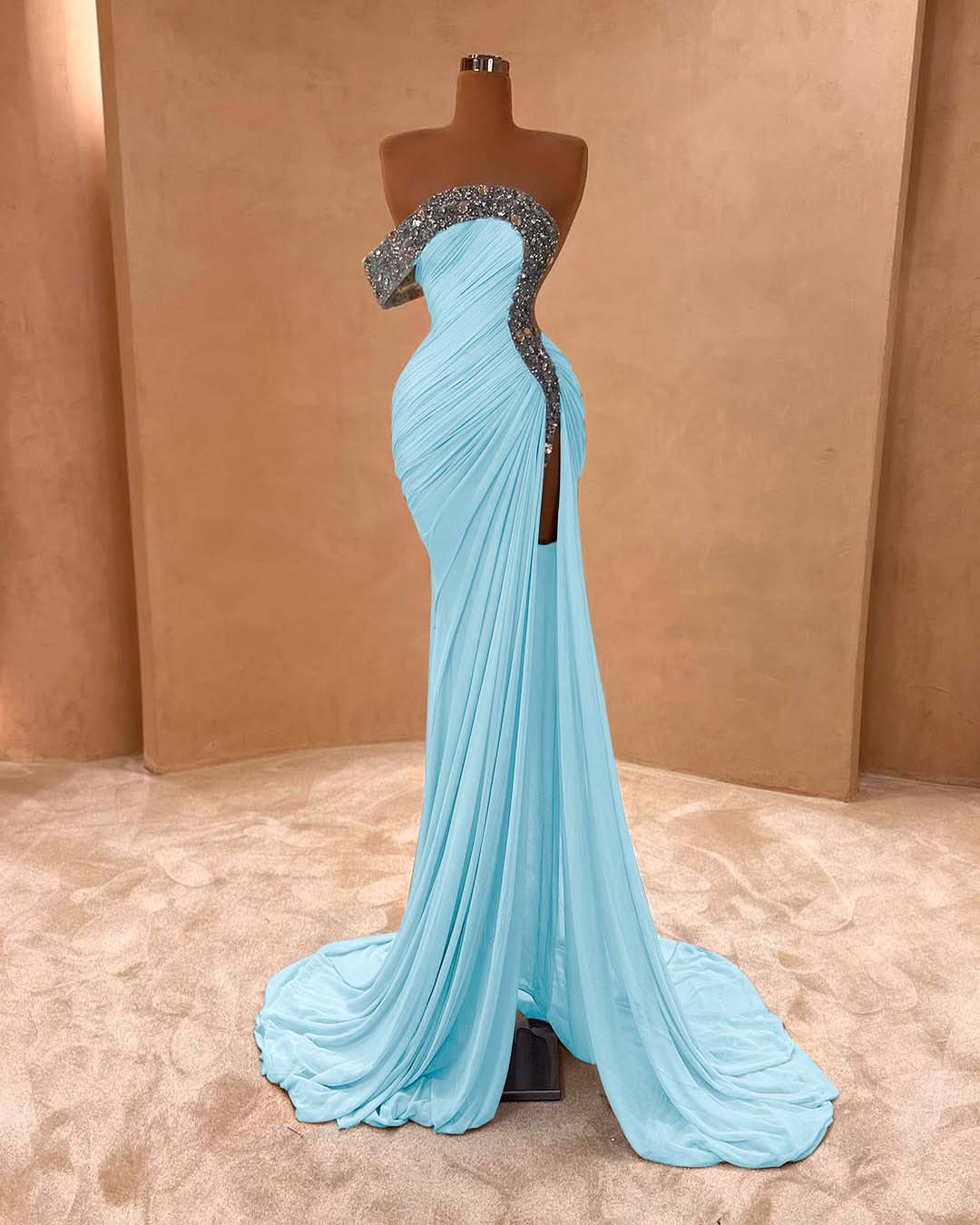 One Shoulder Long Split Prom Dress with Pleated Sequins