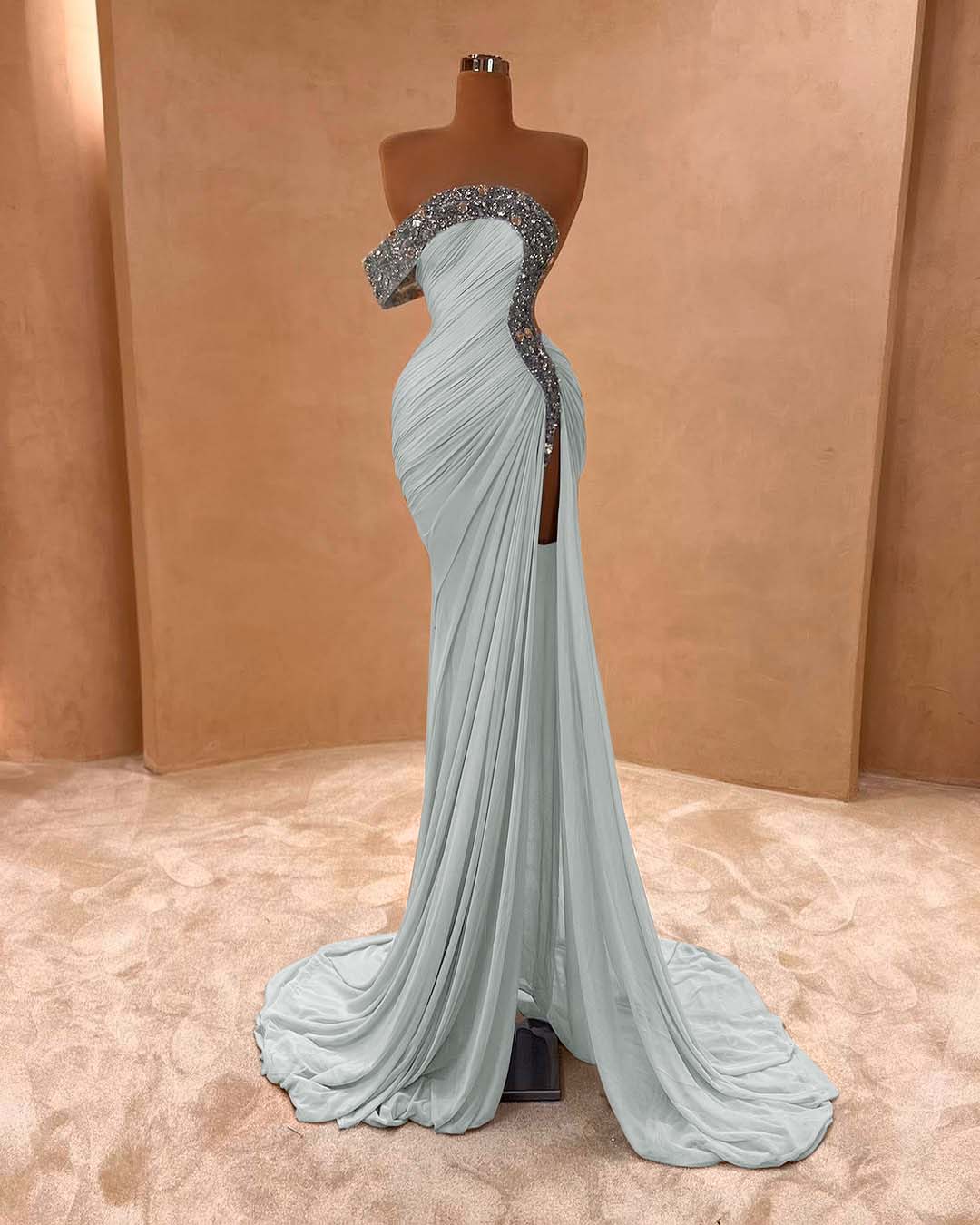 One Shoulder Long Split Prom Dress with Pleated Sequins