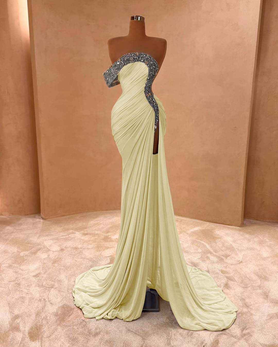 One Shoulder Long Split Prom Dress with Pleated Sequins