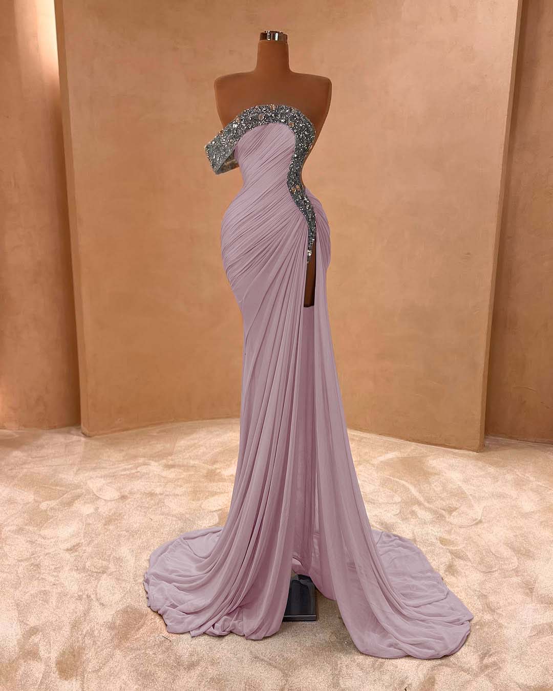 One Shoulder Long Split Prom Dress with Pleated Sequins