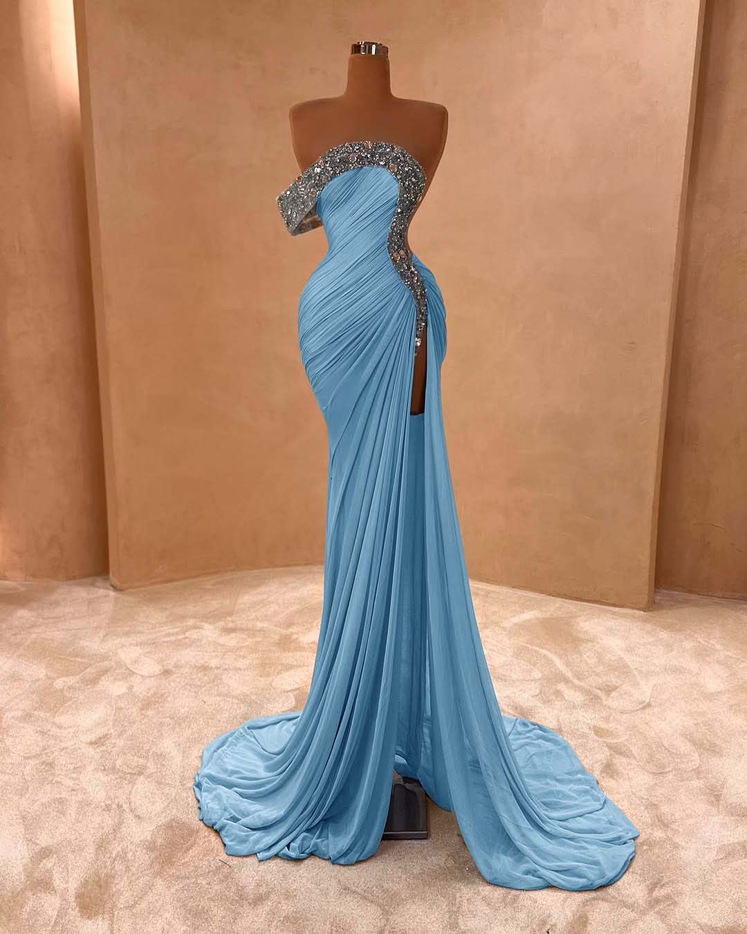 One Shoulder Long Split Prom Dress with Pleated Sequins