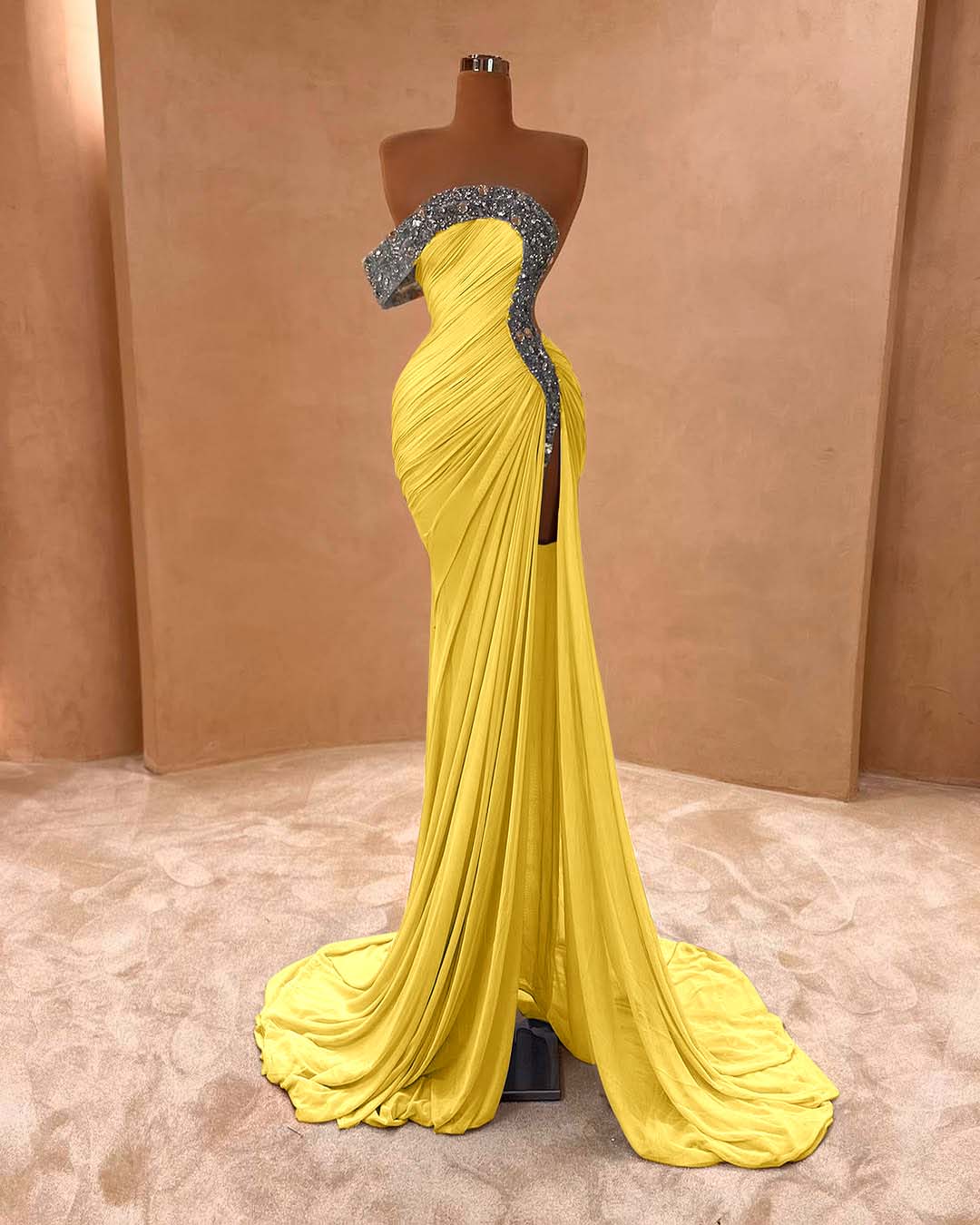 One Shoulder Long Split Prom Dress with Pleated Sequins