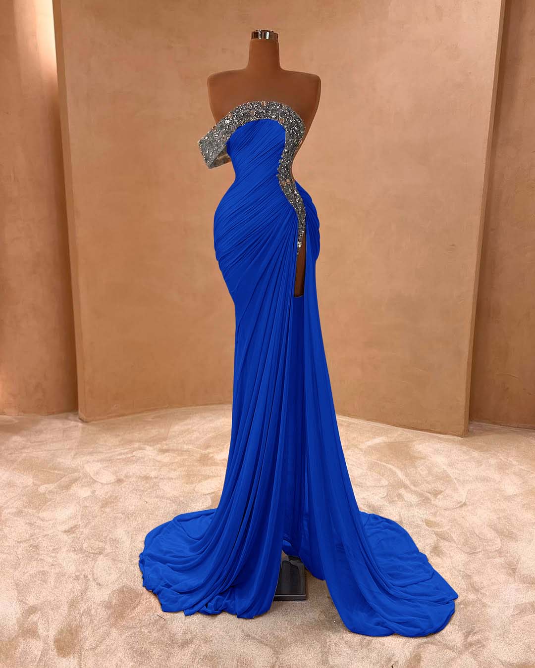 One Shoulder Long Split Prom Dress with Pleated Sequins