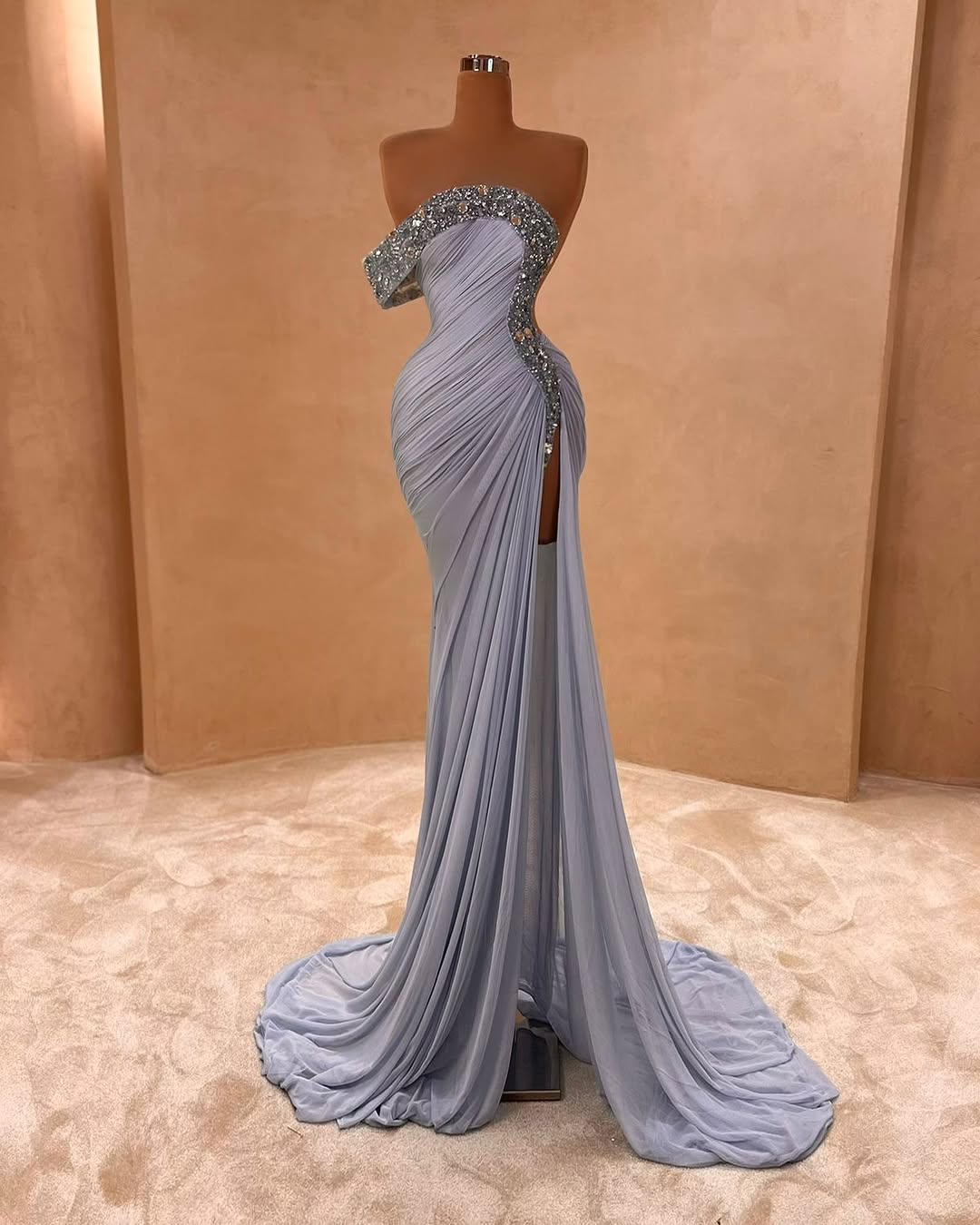 One Shoulder Long Split Prom Dress with Pleated Sequins
