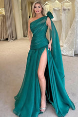 One Shoulder Long Pleated Prom Dress with Split