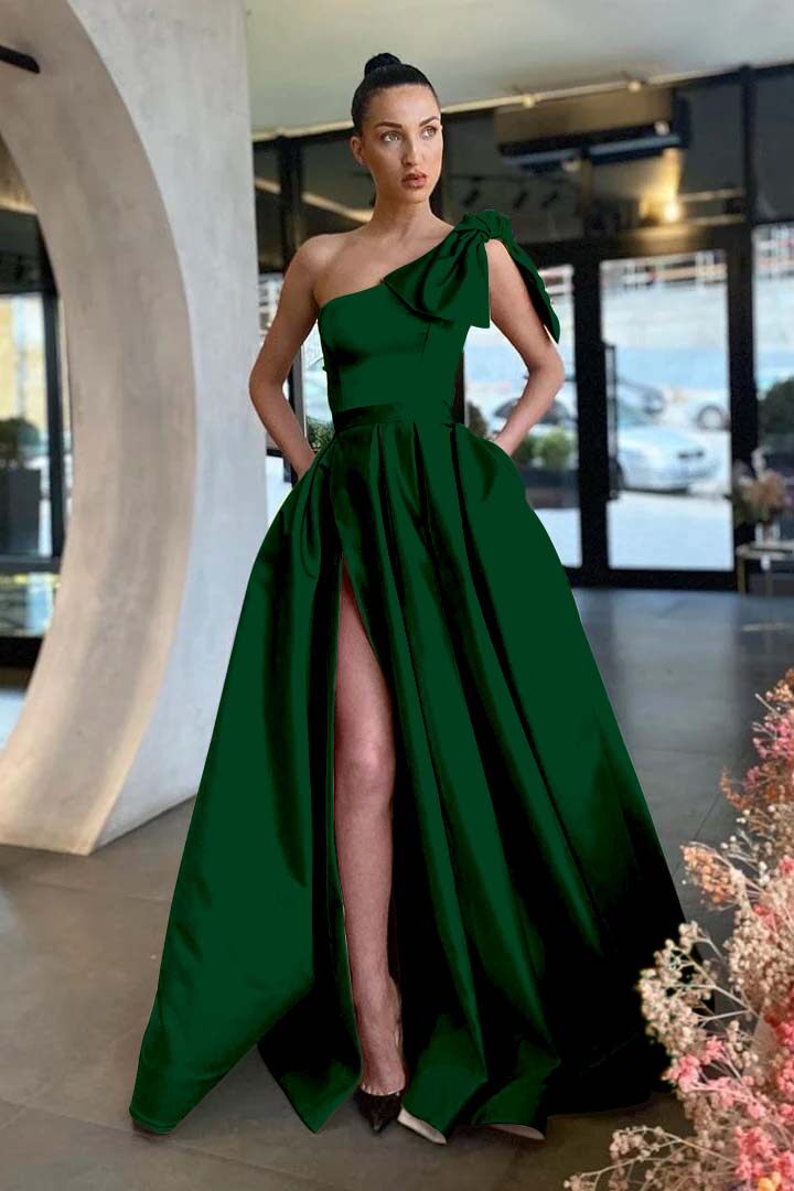 One Shoulder Long Pleated Prom Dress with Split and Pockets