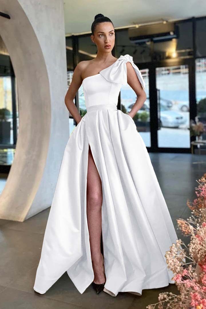 One Shoulder Long Pleated Prom Dress with Split and Pockets