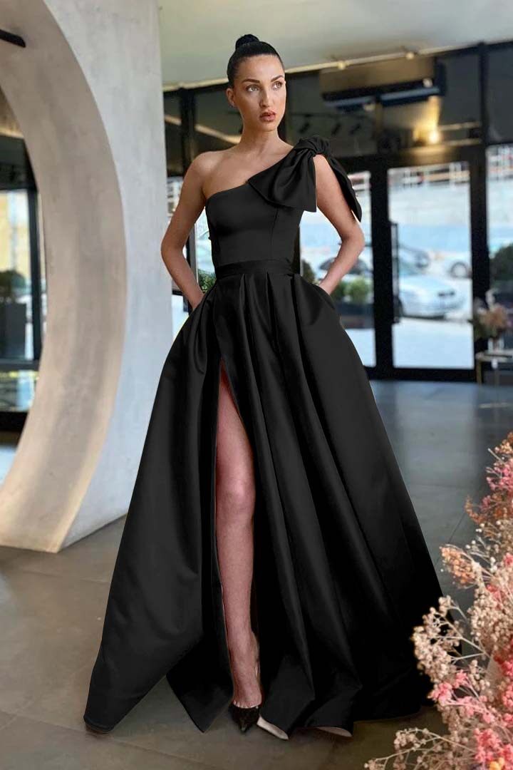 One Shoulder Long Pleated Prom Dress with Split and Pockets