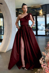 One Shoulder Long Pleated Prom Dress with Split and Pockets
