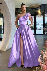 One Shoulder Long Pleated Prom Dress with Split and Pockets