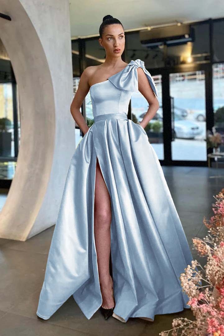 One Shoulder Long Pleated Prom Dress with Split and Pockets