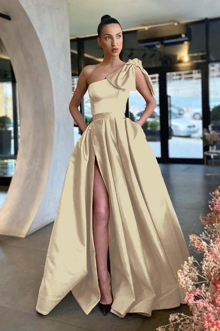 One Shoulder Long Pleated Prom Dress with Split and Pockets