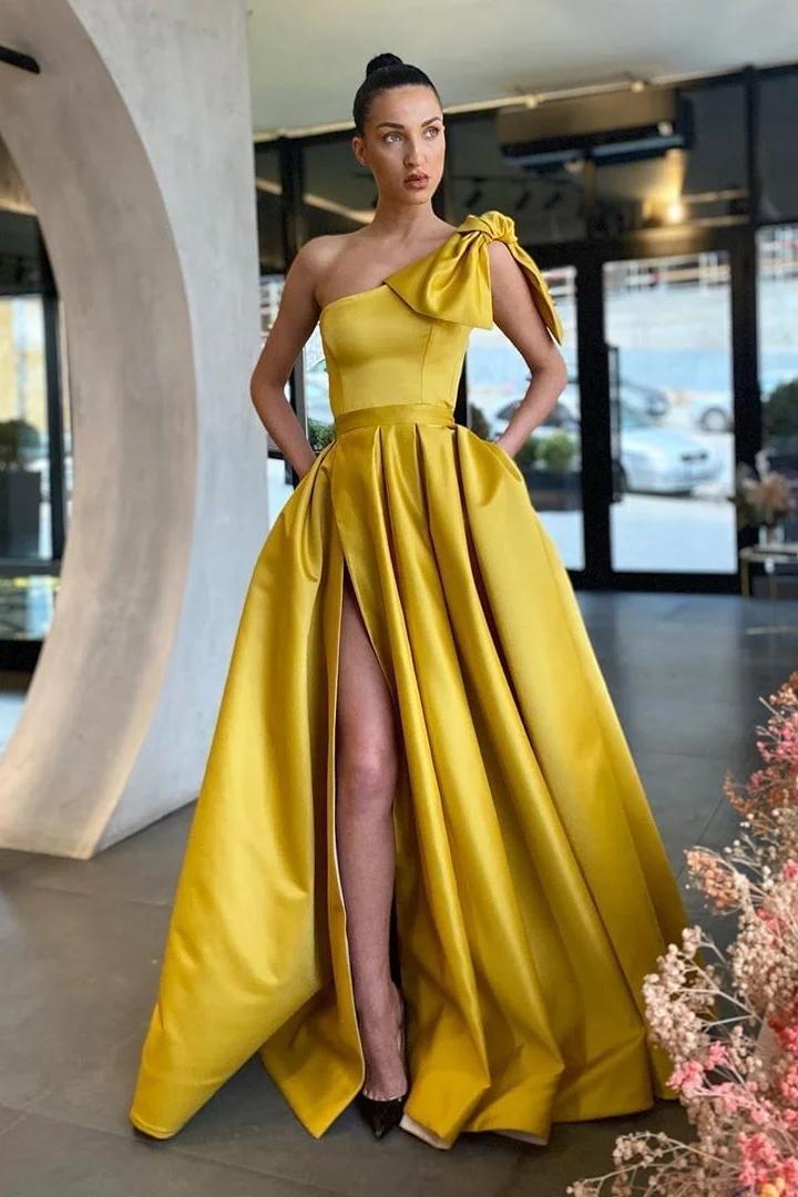 One Shoulder Long Pleated Prom Dress with Split and Pockets