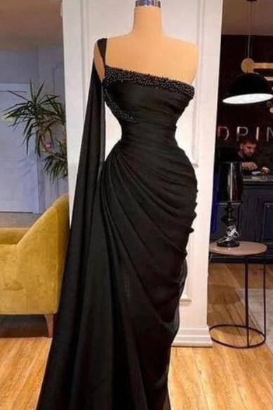 One Shoulder Mermaid Long Prom Dress with Beading and Pleats