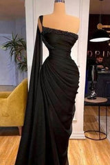 One Shoulder Mermaid Long Prom Dress with Beading and Pleats