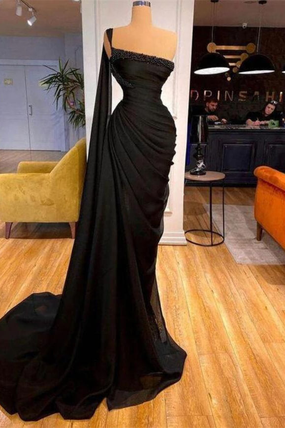 One Shoulder Mermaid Long Prom Dress with Beading and Pleats