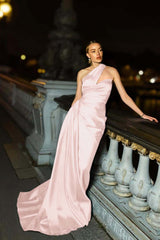 One Shoulder Mermaid Long Pleated Prom Dress with Ruffles