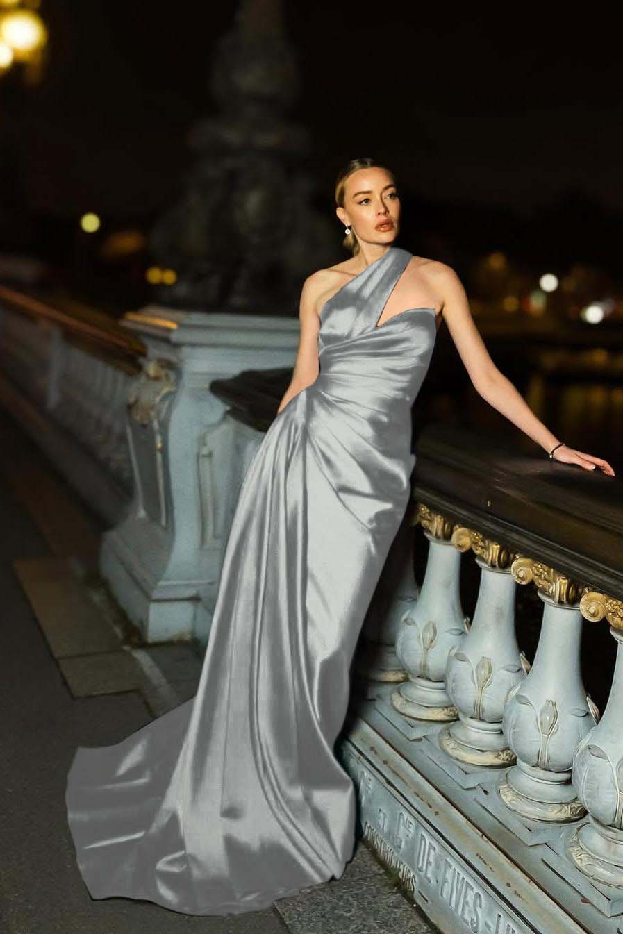 One Shoulder Mermaid Long Pleated Prom Dress with Ruffles