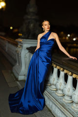 One Shoulder Mermaid Long Pleated Prom Dress with Ruffles