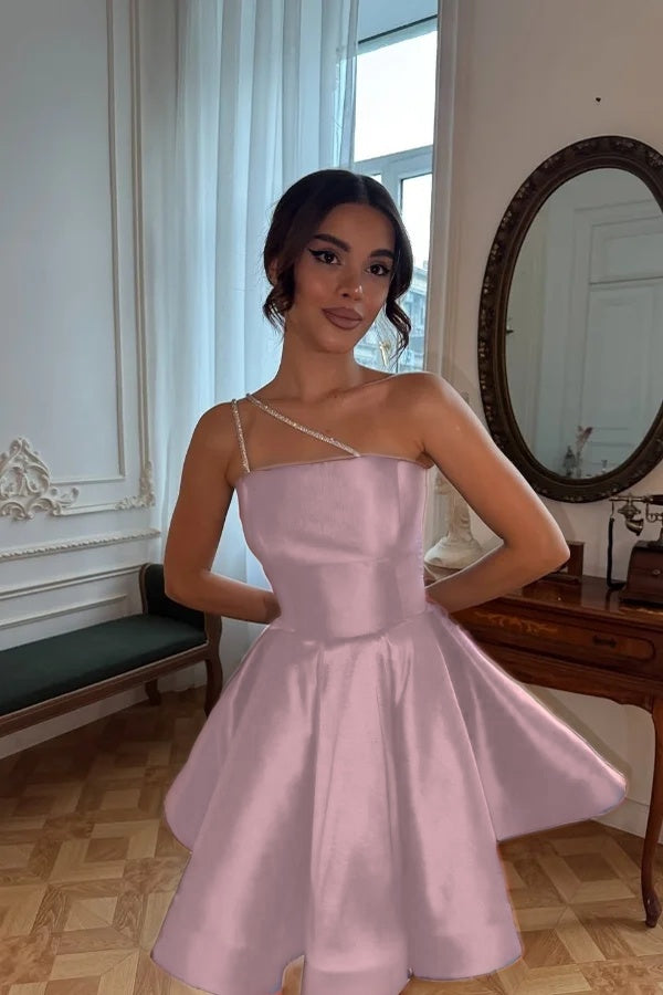 One Shoulder A-Line Short Prom Dress with Pleated Details