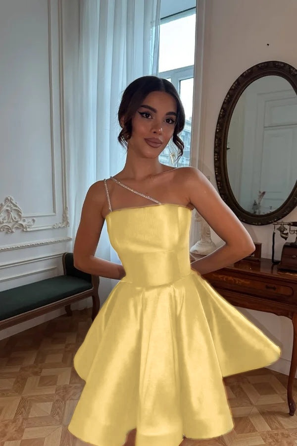 One Shoulder A-Line Short Prom Dress with Pleated Details
