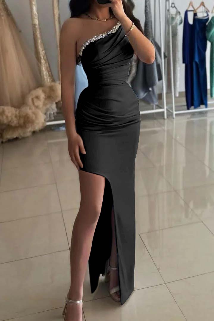 One Shoulder Long Pleated Prom Dress with Beading and Split