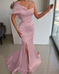 One Shoulder Mermaid Long Pleated Prom Dress with Split