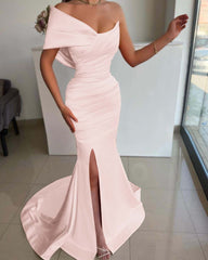 One Shoulder Mermaid Long Pleated Prom Dress with Split