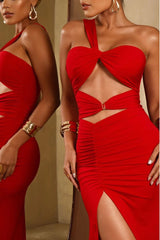 One Shoulder Sweetheart Long Pleated Prom Dress with Split