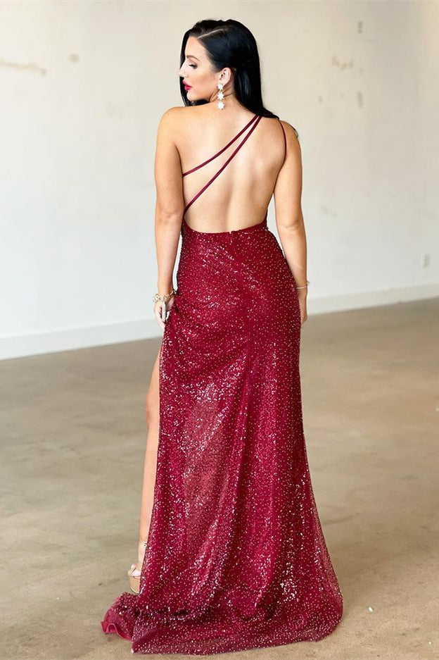 Burgundy One Shoulder Mermaid Long Prom Dress with Backless and Split